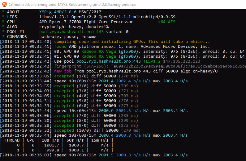 XMRig terminal window showing mining status